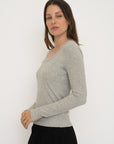 Long Sleeve Fitted Scoop Neck Top - Grey Marle