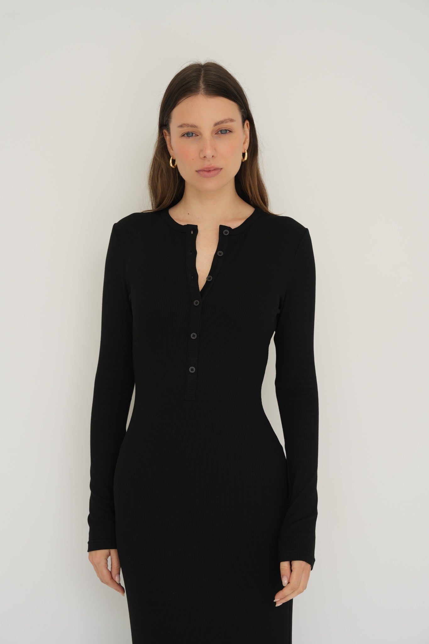 Long Sleeve Henley Maxi Dress - Black