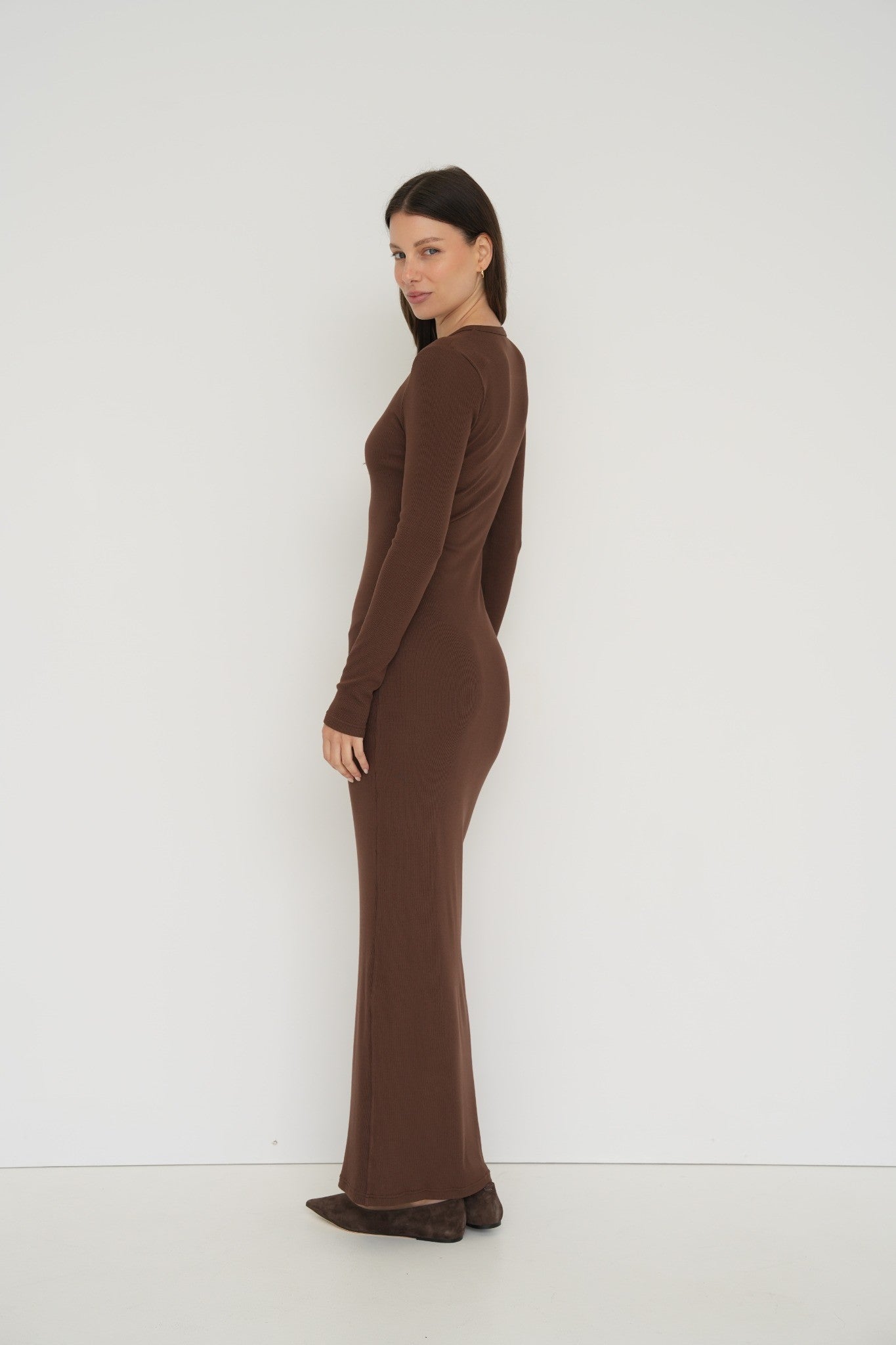 Long Sleeve Henley Maxi Dress - Espresso