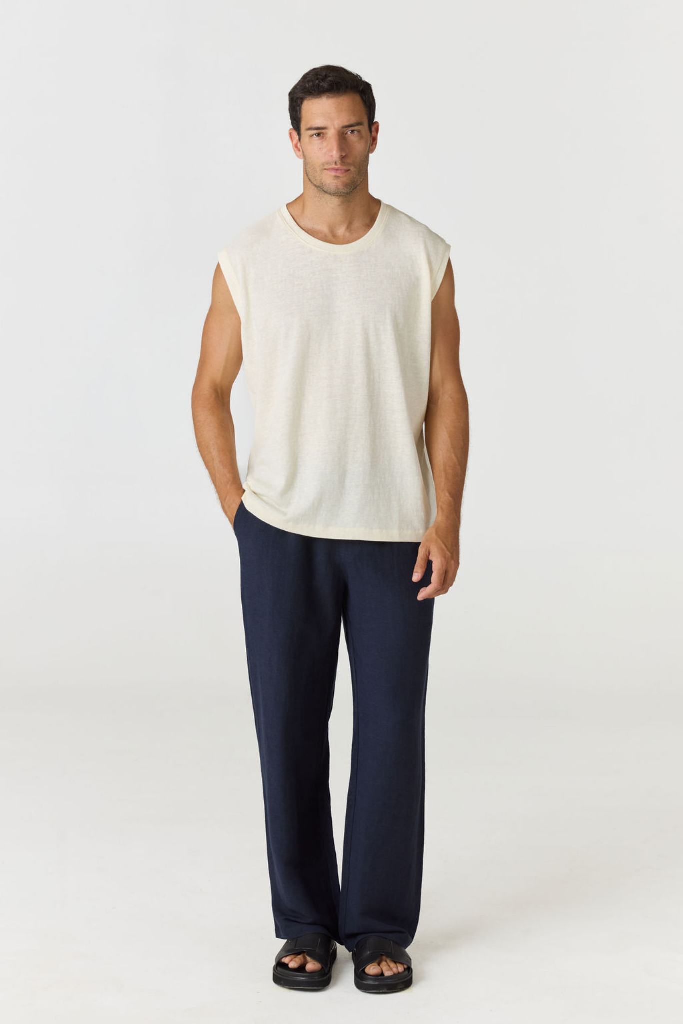 Discover the chic Paros Linen Jersey Tank Vest by AOCO. Crafted from a soft, lightweight linen blend, this sleeveless top delivers ultimate warm weather comfort.
