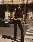 Soft organic cotton fold over leggings in black with a comfortable fold over waistband.