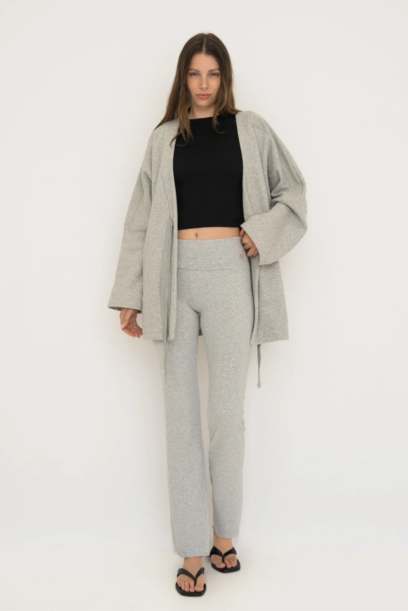 Soft organic cotton fold over leggings in grey with a comfortable fold over waistband.