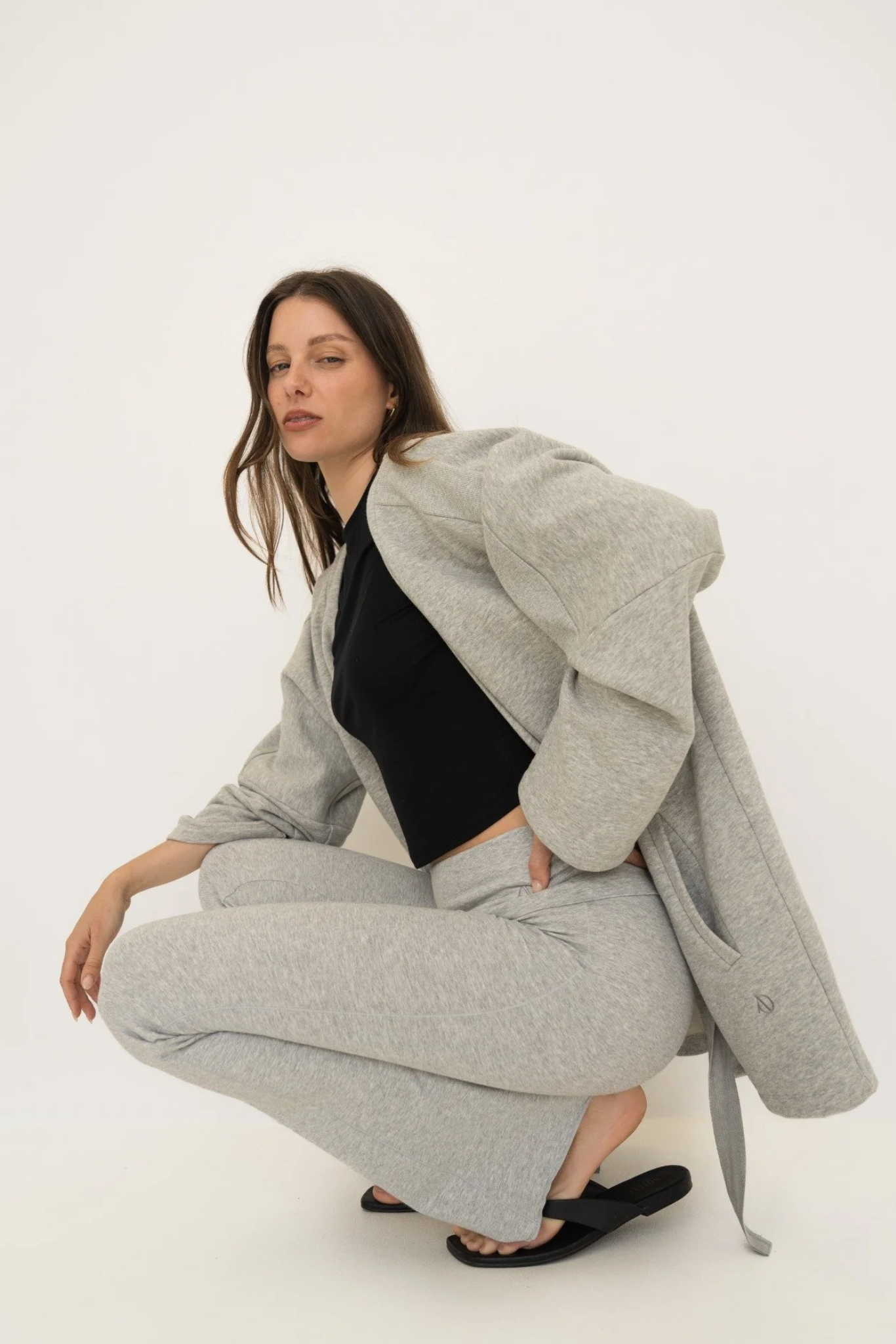 Soft organic cotton fold over leggings in grey with a comfortable fold over waistband.