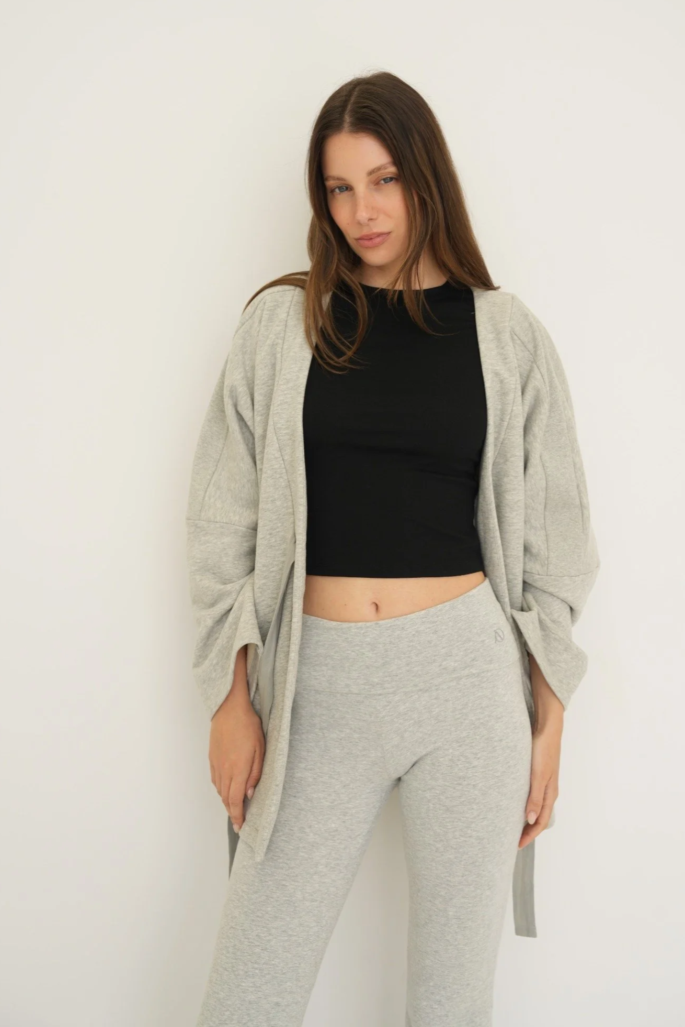 Soft organic cotton fold over leggings in grey with a comfortable fold over waistband.