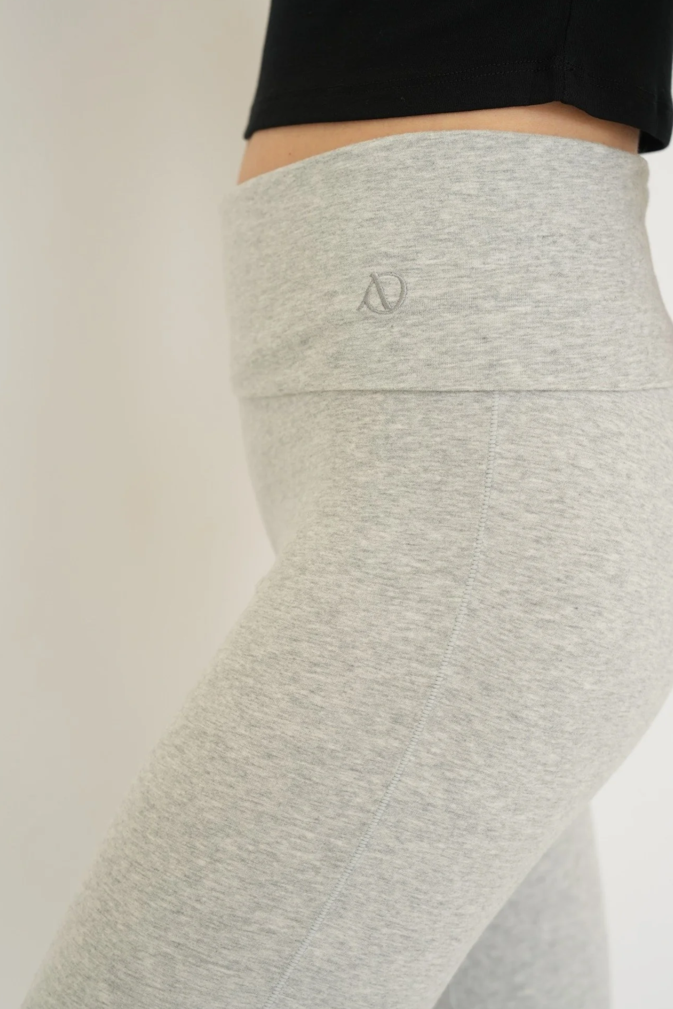 Soft organic cotton fold over leggings in grey with a comfortable fold over waistband.