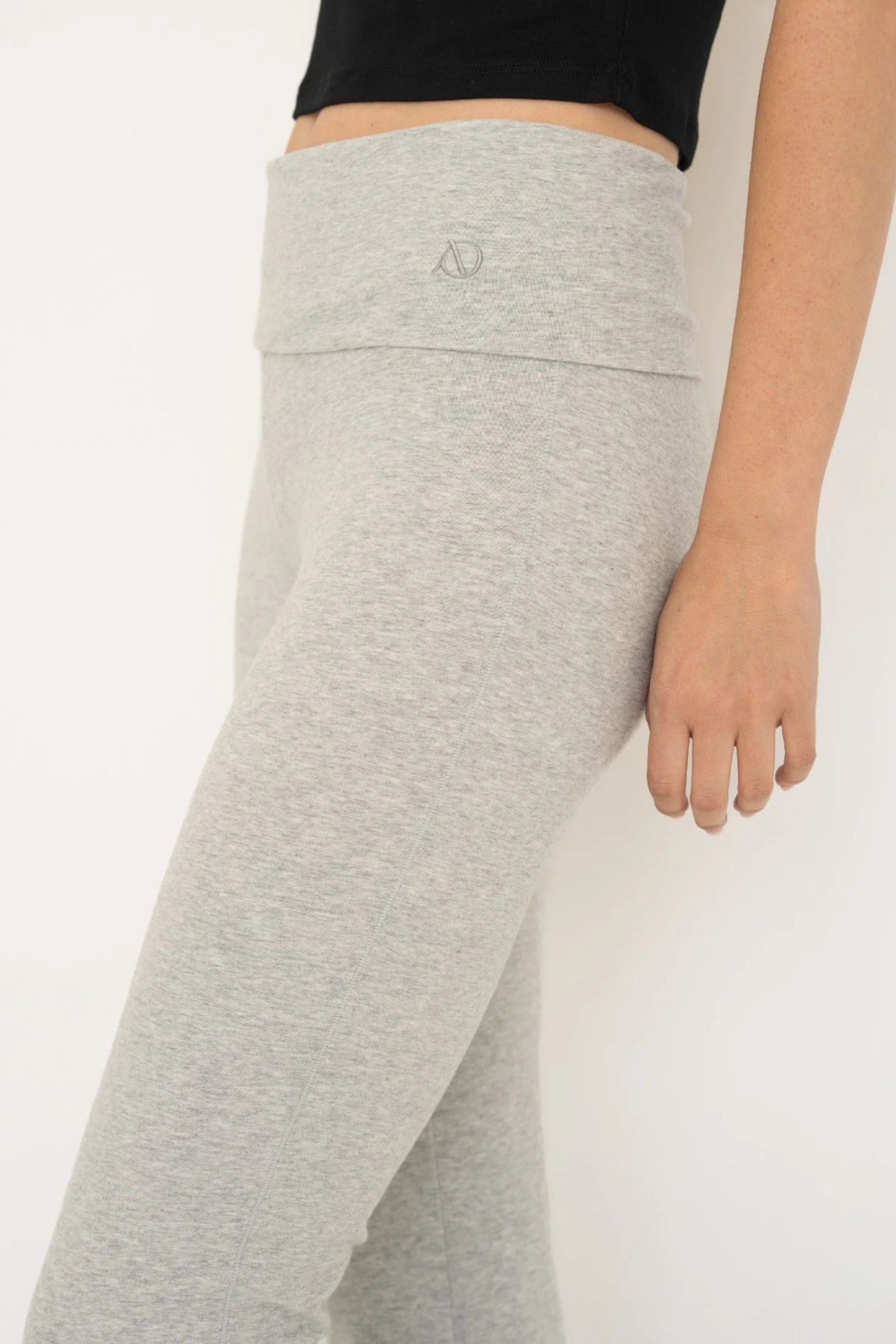 Soft organic cotton fold over leggings in grey with a comfortable fold over waistband.